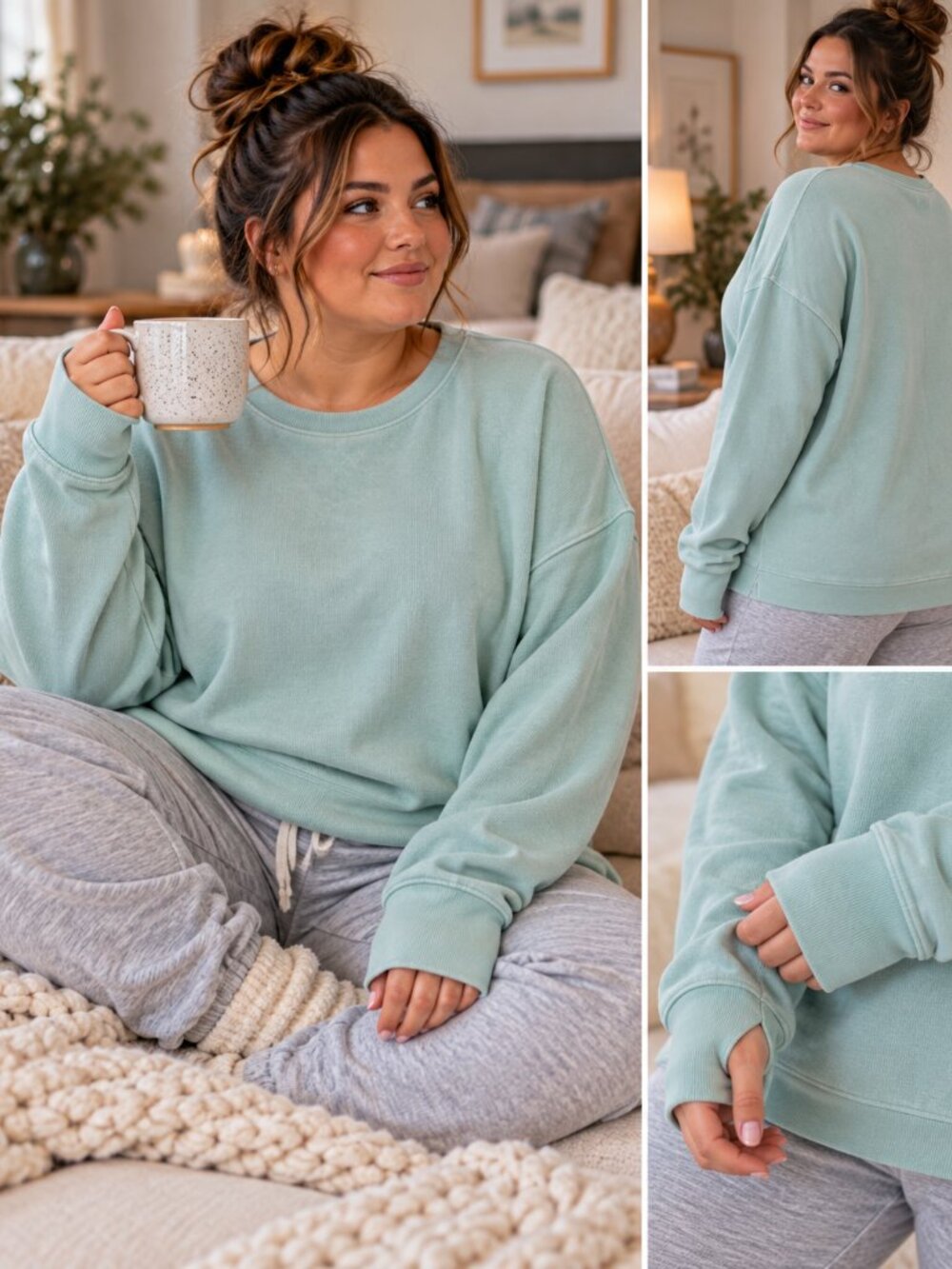 Seven7 Mint Green Distressed Waffle Knit Sweatshirt XXL Thumbholes